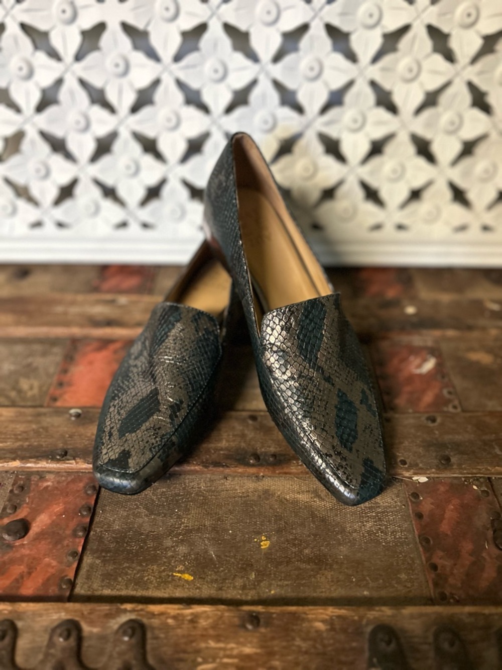 Naturalizer Black and Dark Green Snake-Print Loafers